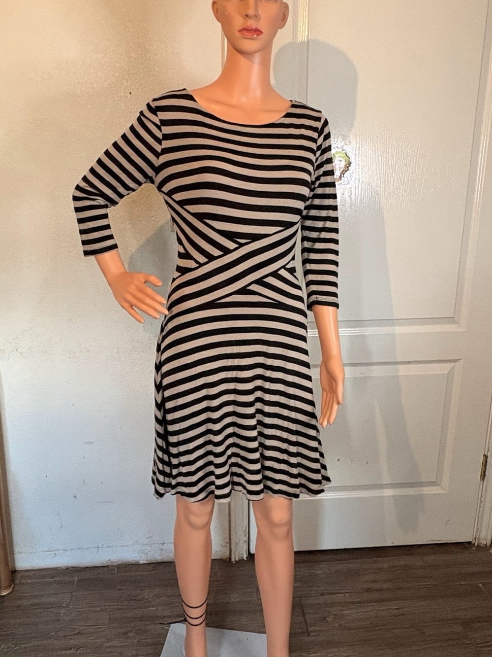 ECI Black and Cream Striped Fit-and-Flare Midi Dress